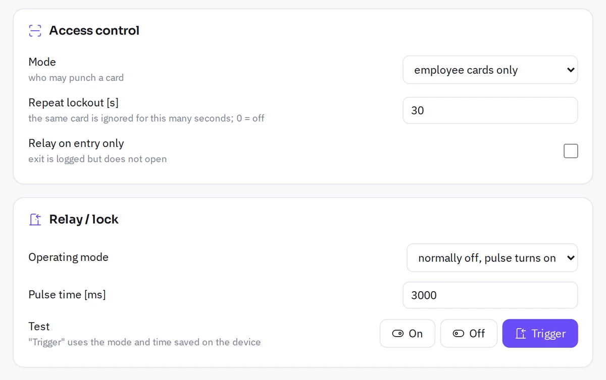 Relay settings in the RAZ-RCP-1 panel: who may enter, lock operating mode, pulse time and test