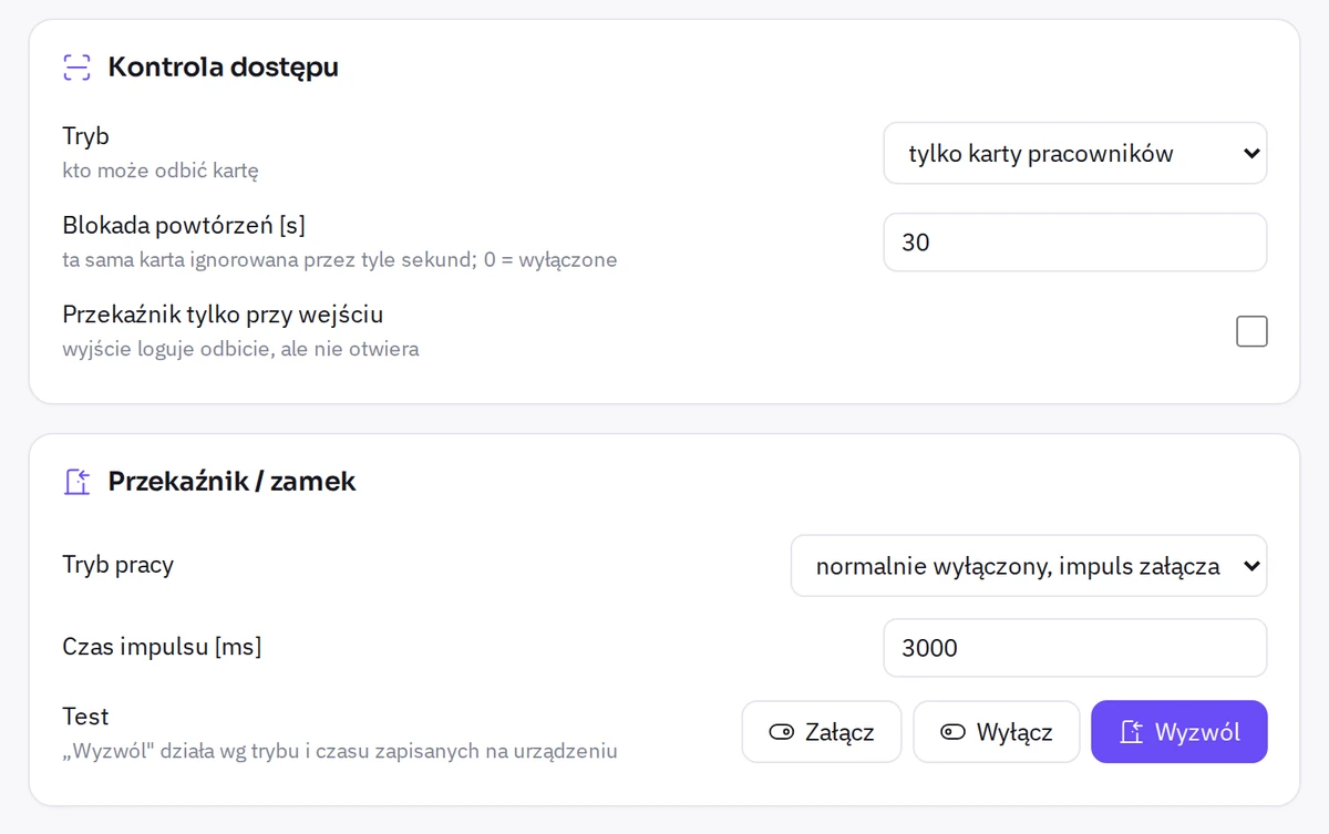 Ustawienia przekaźnika w panelu RAZ-RCP-1: kto może wejść, tryb pracy zamka, czas impulsu i test